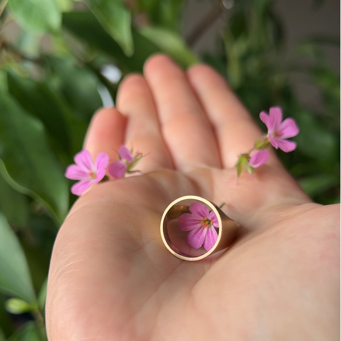 Brass Ring in palm with pink flowers inside